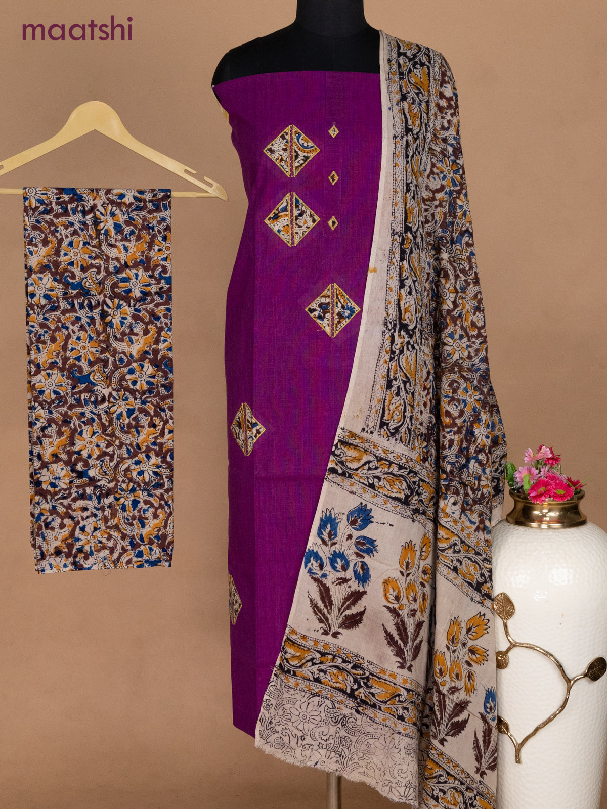 Cotton applique work dress materials purple and coffee brown beige with kalamkari patch work and kalamkari bottom & dupatta