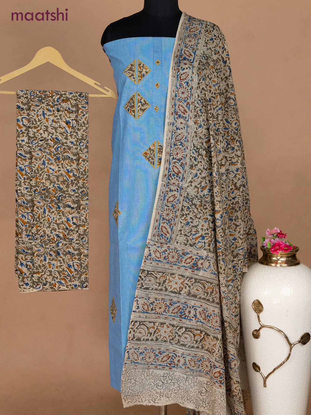 Cotton applique work dress materials light blue and mehendi green with kalamkari patch work and kalamkari bottom & dupatta