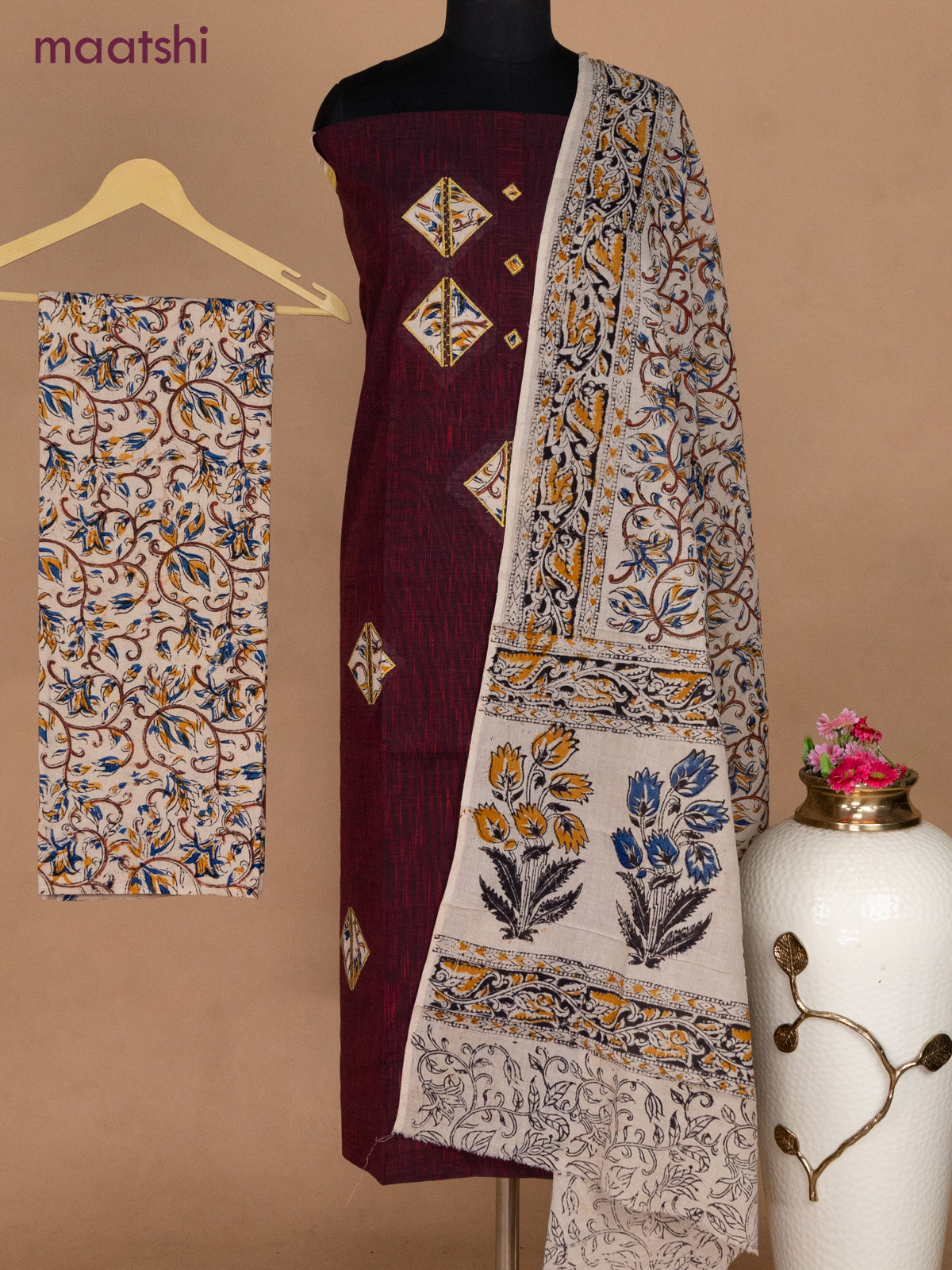 Cotton applique work dress materials dual shade of maroon and beige with kalamkari patch work and kalamkari bottom & dupatta
