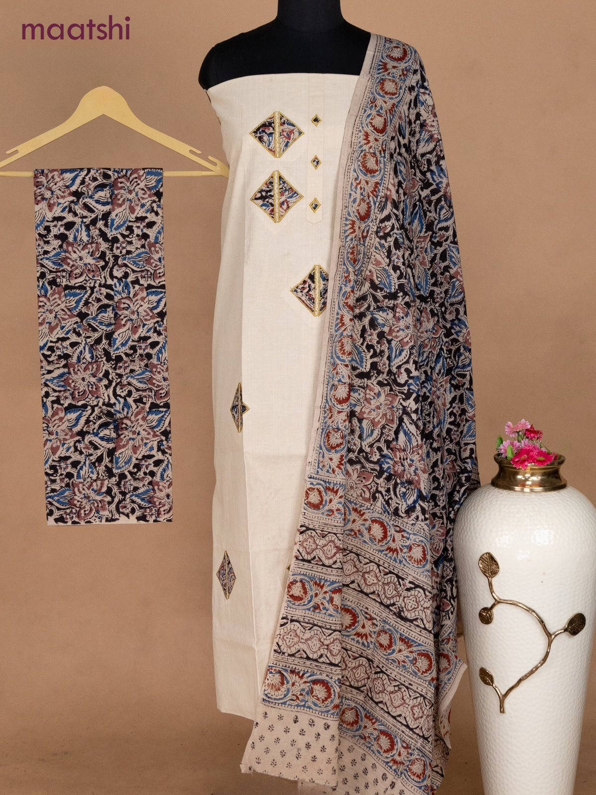 Cotton applique work dress materials cream and black beige with kalamkari patch work and kalamkari bottom & dupatta