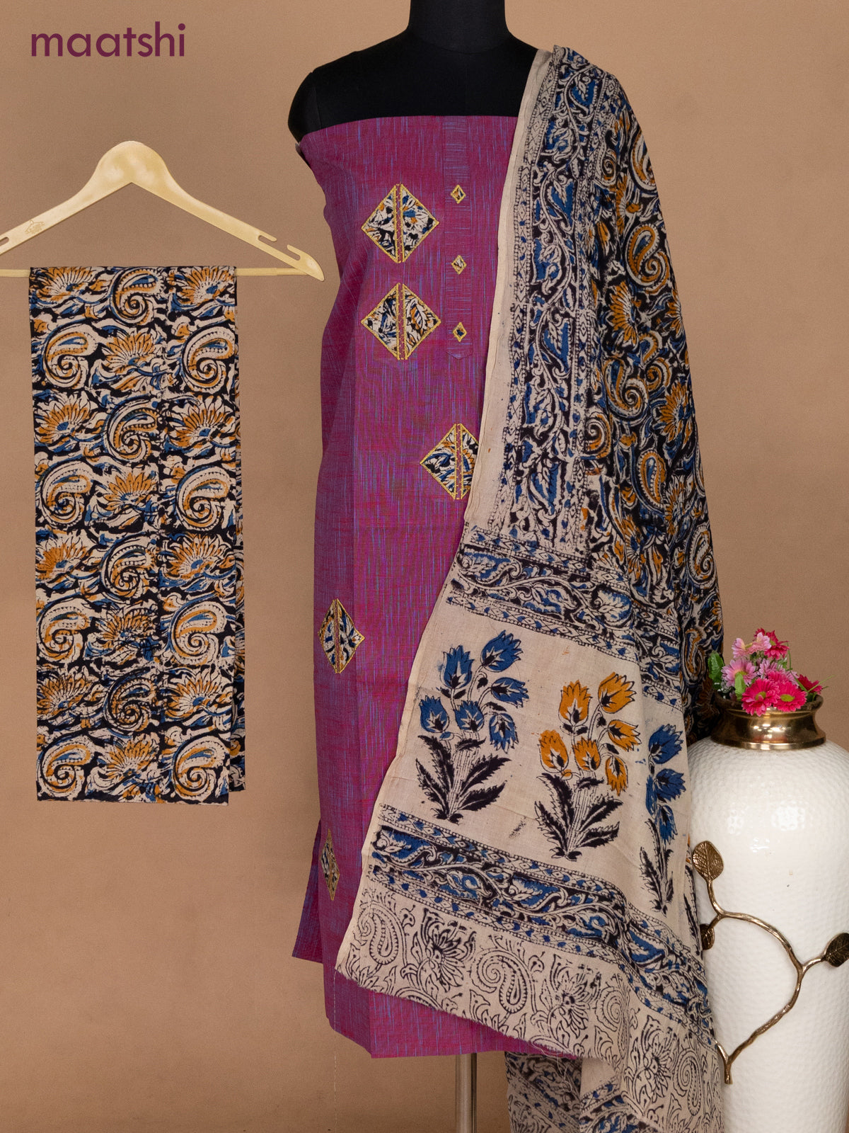Cotton applique work dress materials dual shade of maroon and black beige with kalamkari patch work and kalamkari bottom & dupatta