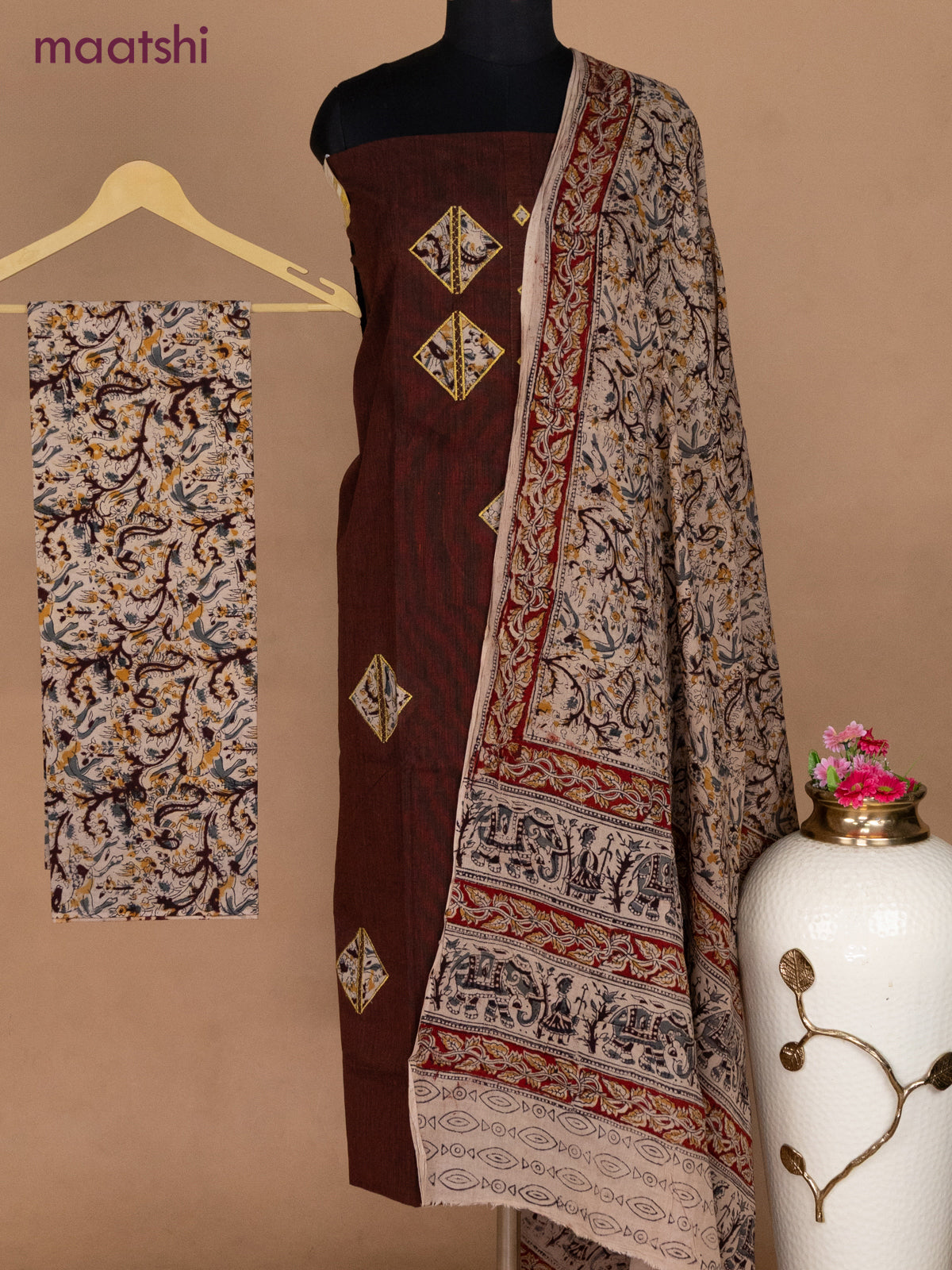 Cotton applique work dress materials brown and beige with kalamkari patch work and kalamkari bottom & dupatta