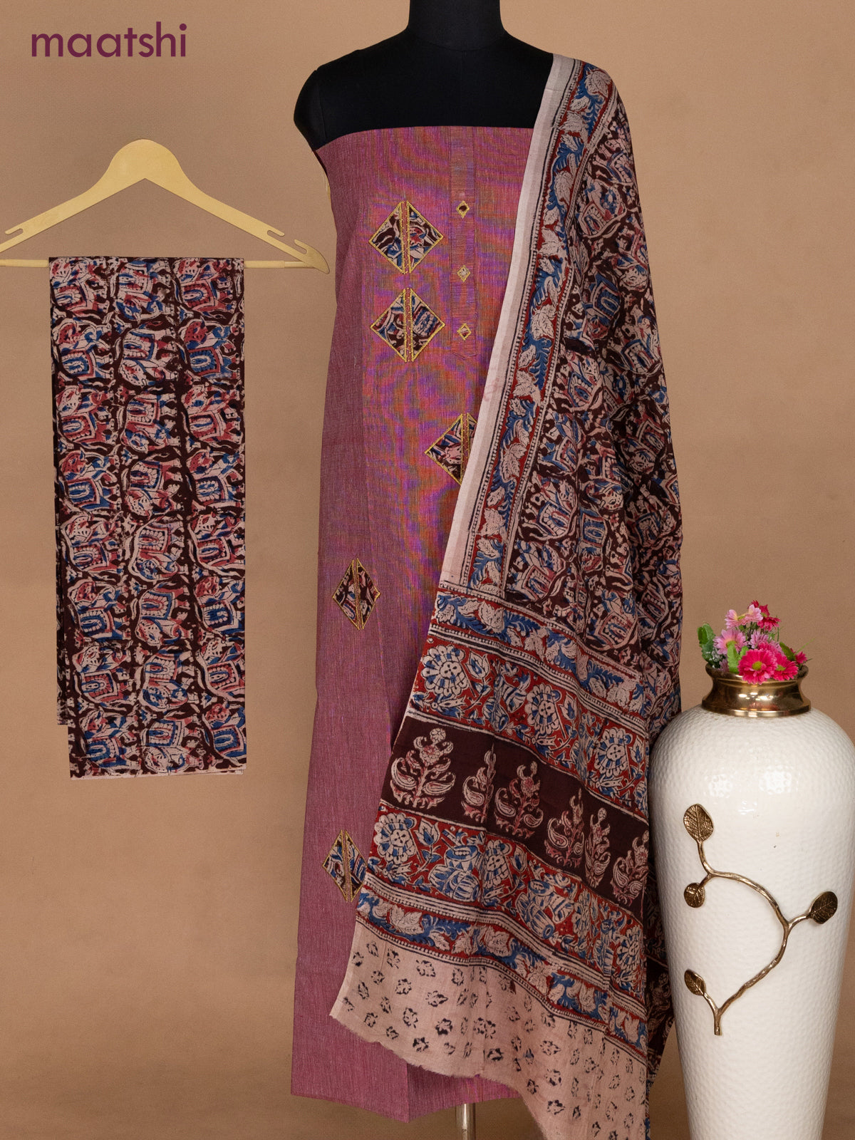 Cotton applique work dress materials maroon shade and deep maroon beige with kalamkari patch work and kalamkari bottom & dupatta