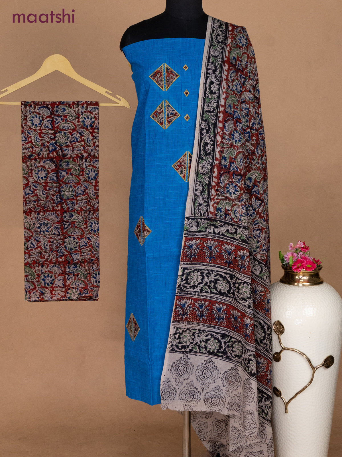 Cotton applique work dress materials cs blue and maroon with kalamkari patch work and kalamkari bottom & dupatta