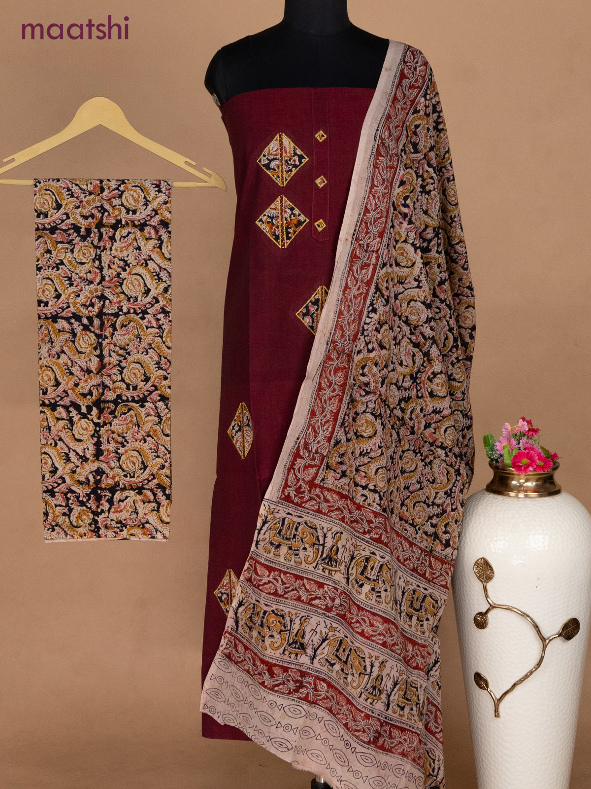 Cotton applique work dress materials maroon and black beige with kalamkari patch work and kalamkari bottom & dupatta