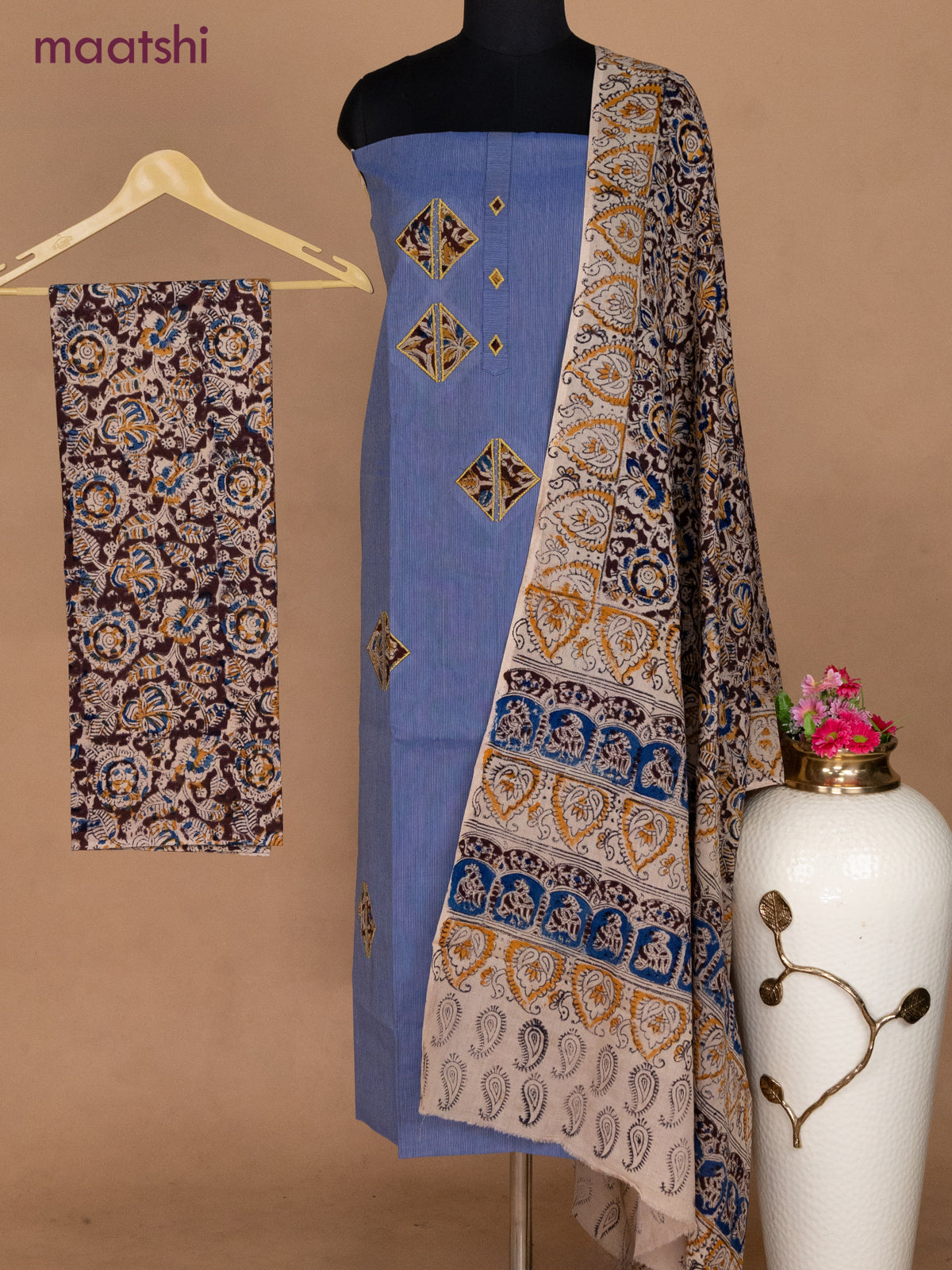 Cotton applique work dress materials blue shade and beige deep maroon with kalamkari patch work and kalamkari bottom & dupatta