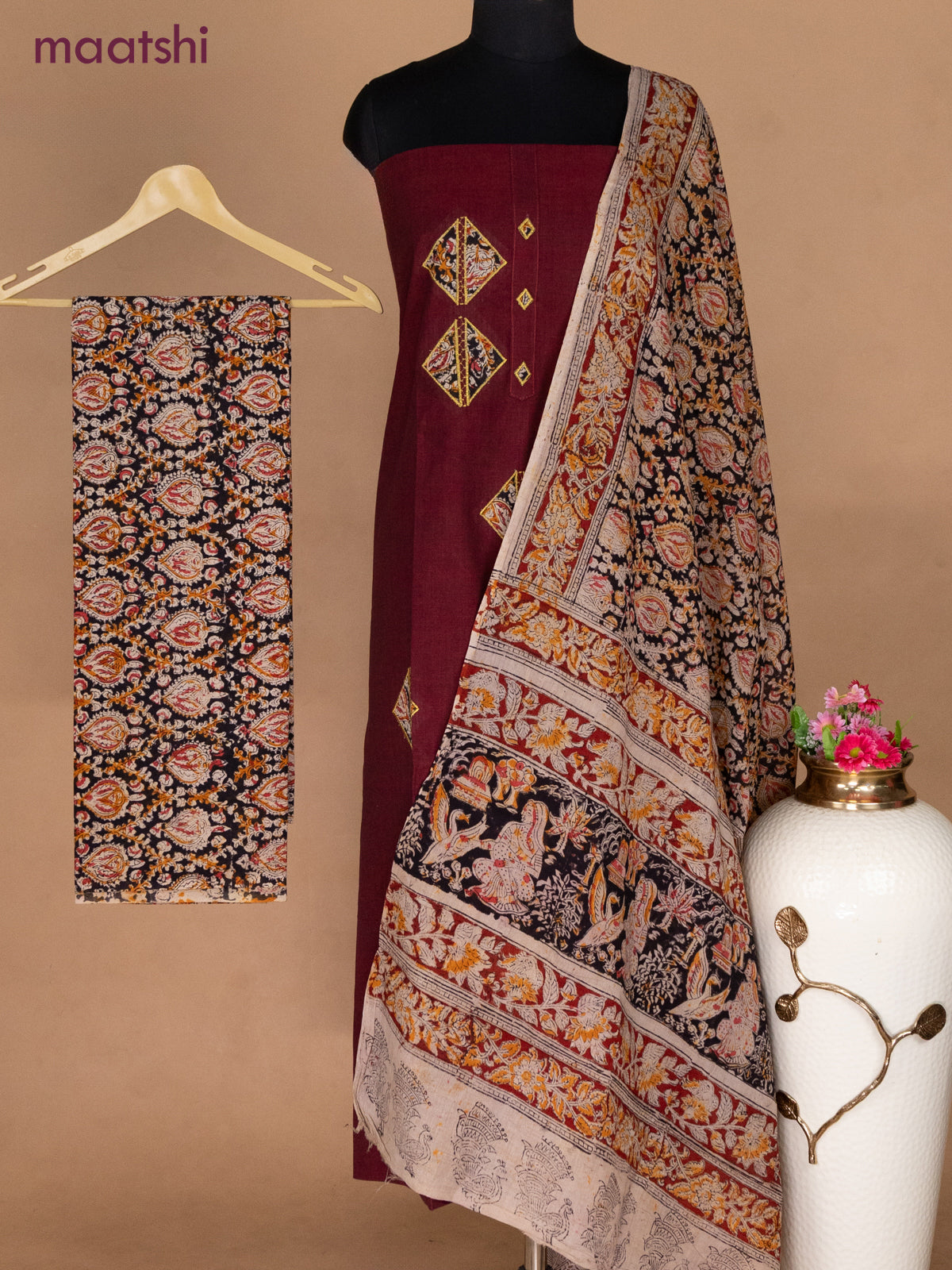 Cotton applique work dress materials maroon and black beige with kalamkari patch work and kalamkari bottom & dupatta