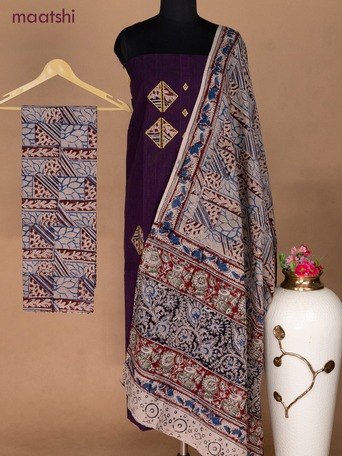 Cotton applique work dress materials deep violet and beige with kalamkari patch work and kalamkari bottom & dupatta
