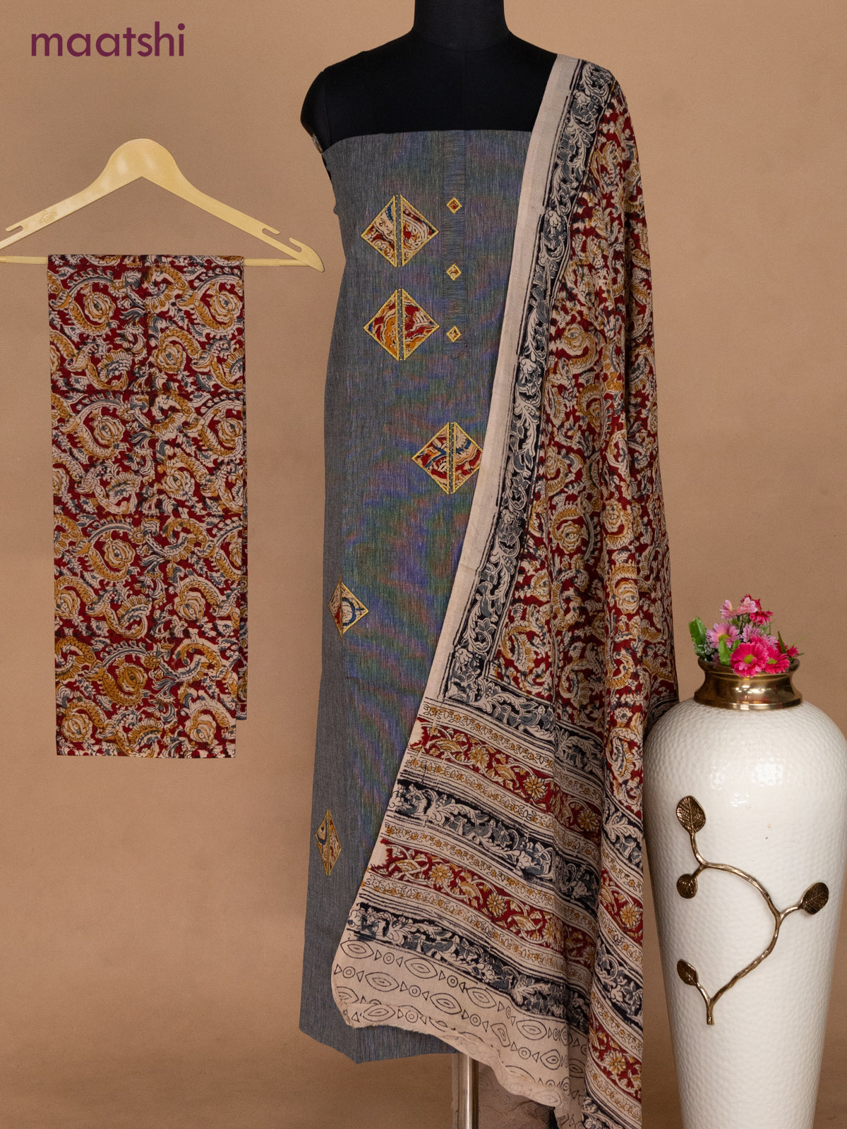 Cotton applique work dress materials dark grey and maroon with kalamkari patch work and kalamkari bottom & dupatta