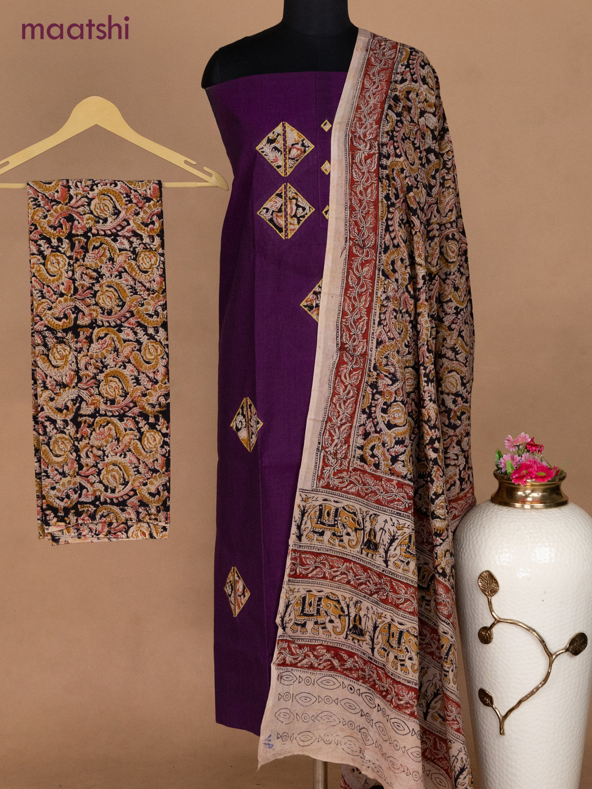 Cotton applique work dress materials deep purple and black beige with kalamkari patch work and kalamkari bottom & dupatta