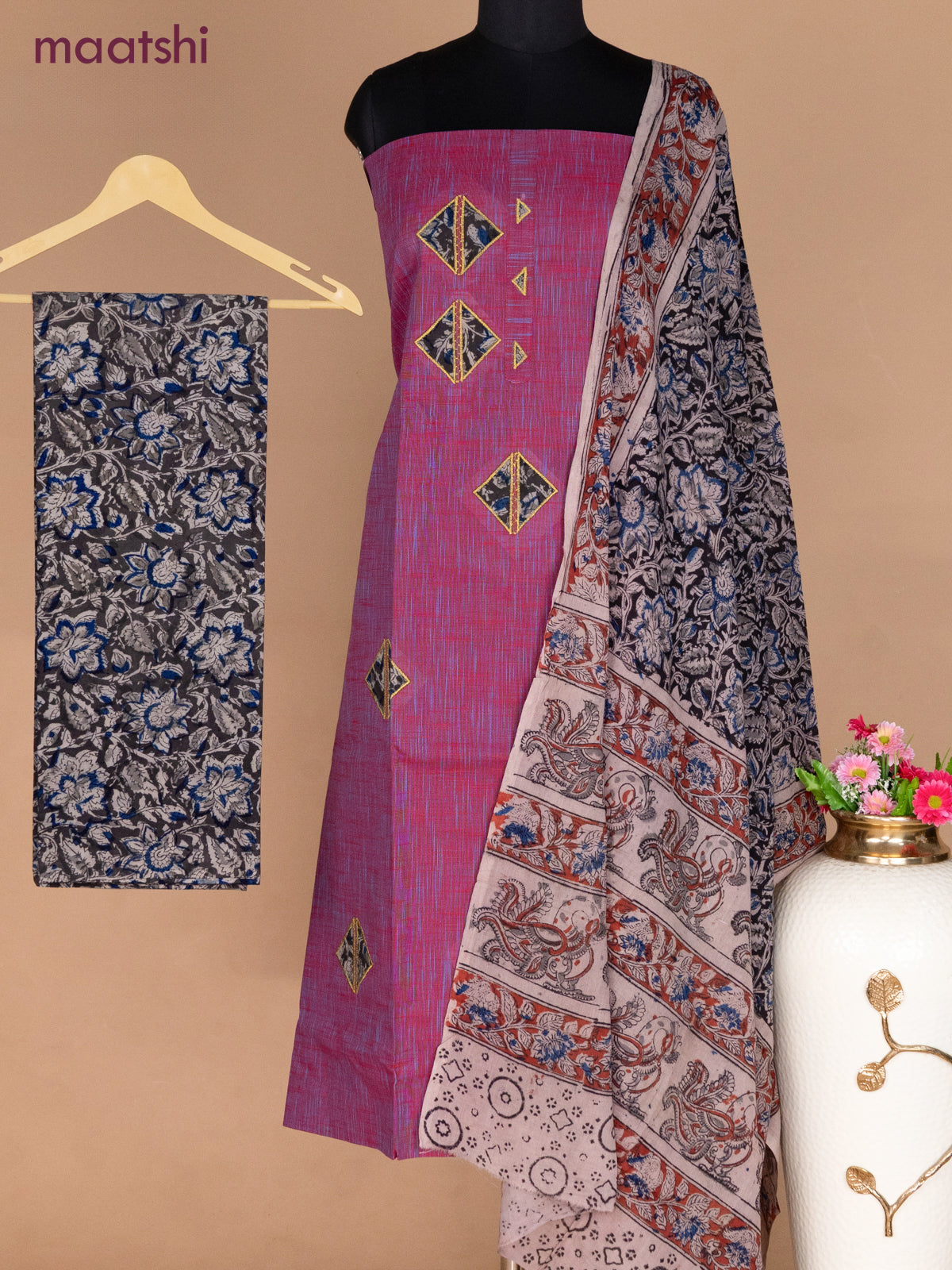 Cotton applique work dress materials dual shade of maroon and dark grey with kalamkari patch work and kalamkari bottom & dupatta