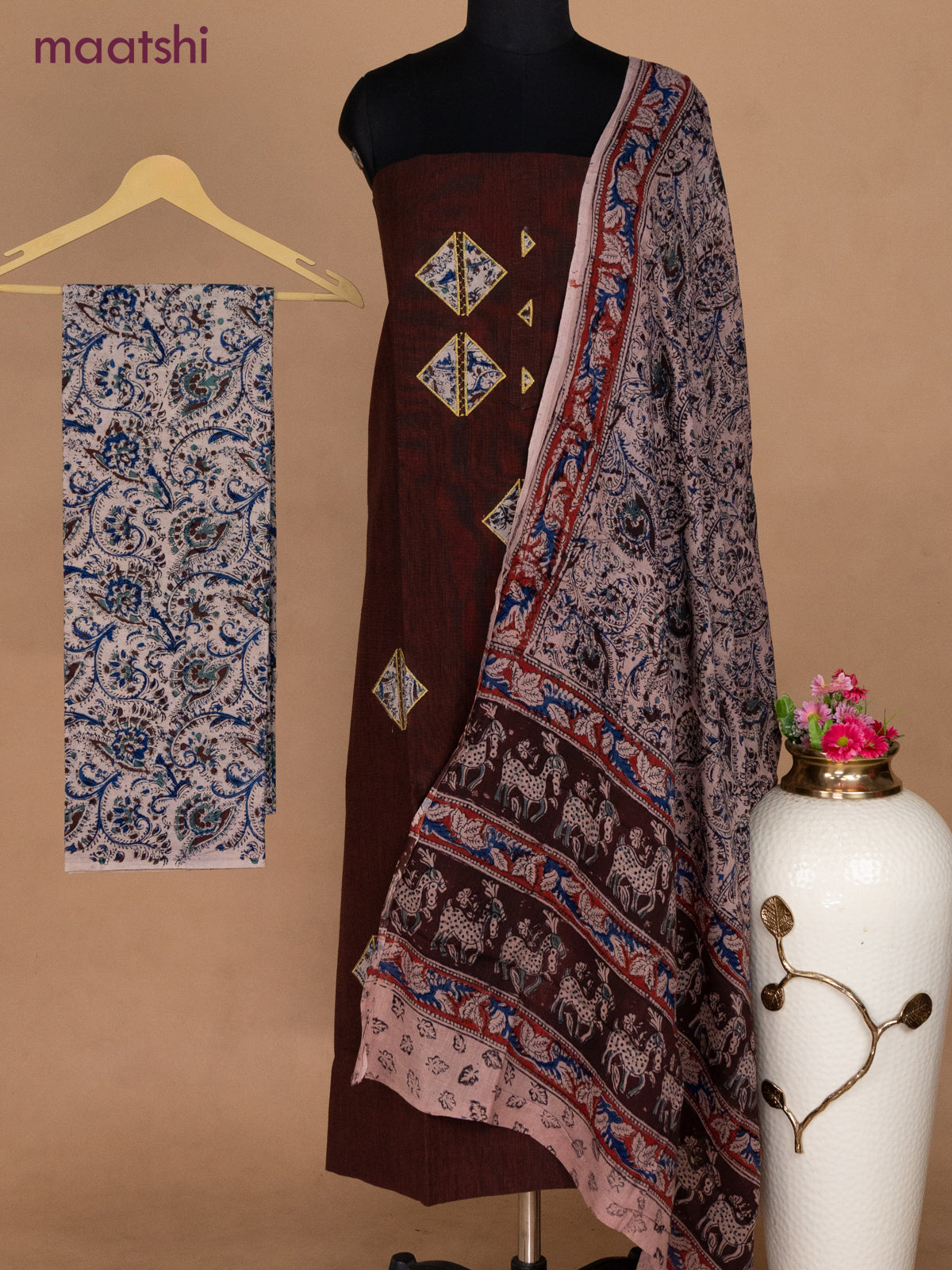 Cotton applique work dress materials brown and beige with kalamkari patch work and kalamkari bottom & dupatta