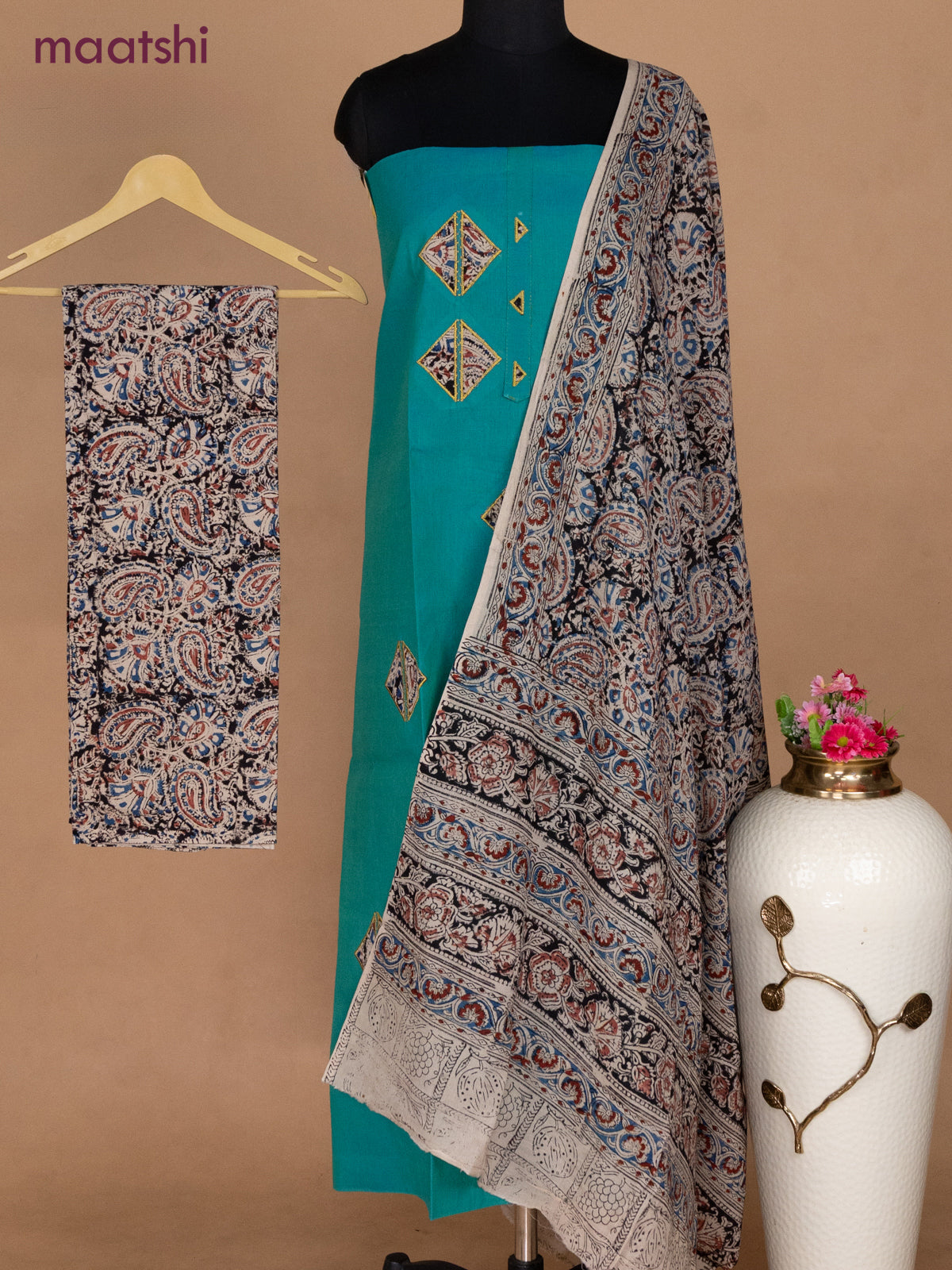 Cotton applique work dress materials teal bluish green and black beige with kalamkari patch work and kalamkari bottom & dupatta