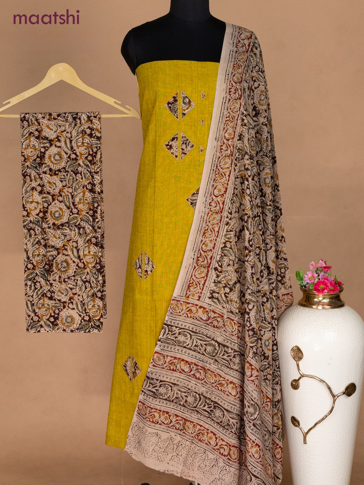 Cotton applique work dress materials mustard yellow and beige maroon with kalamkari patch work and kalamkari bottom & dupatta