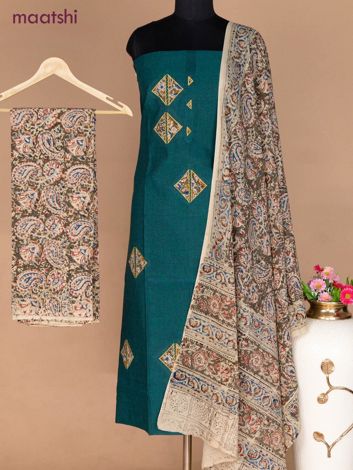 Cotton applique work dress materials peacock green and mehendi green beige with kalamkari patch work and kalamkari bottom & dupatta