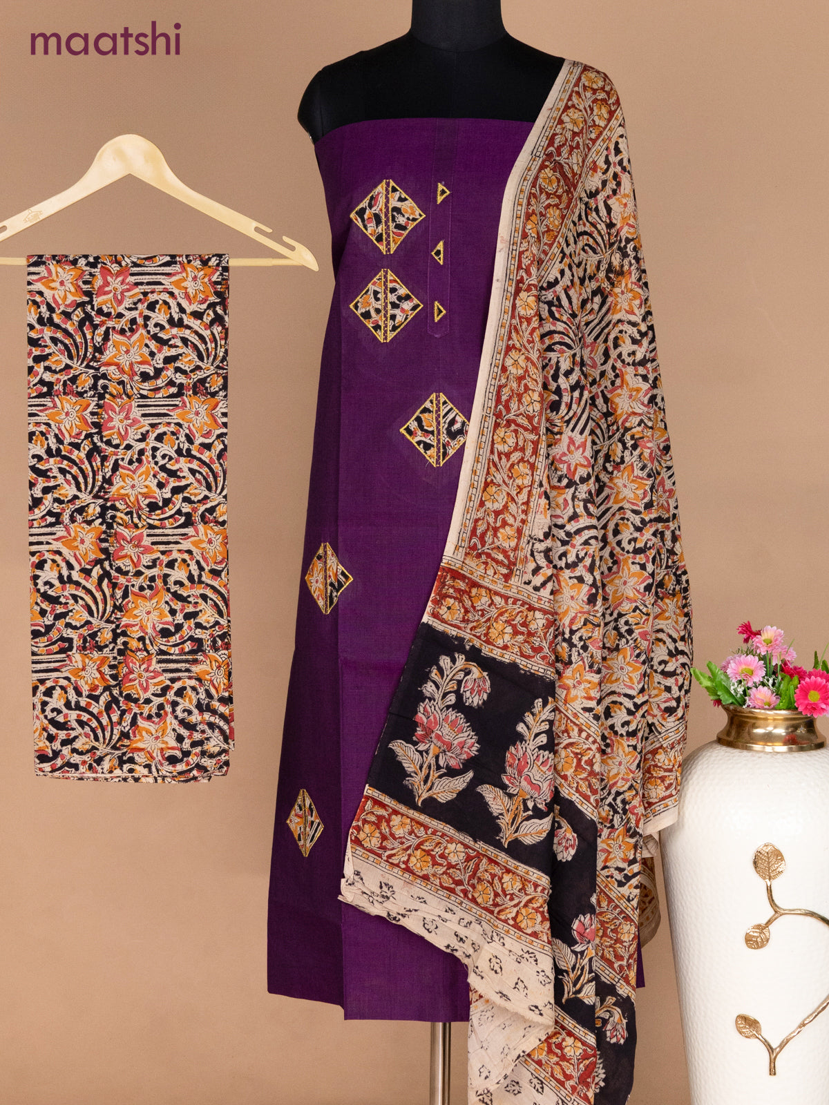 Cotton applique work dress materials violet and beige black with kalamkari patch work and kalamkari bottom & dupatta