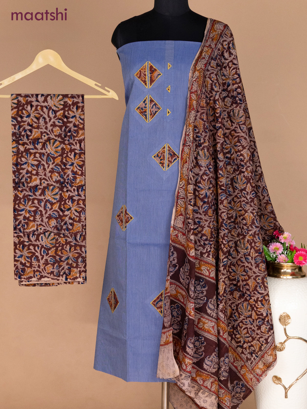 Cotton applique work dress materials blue shade and deep maroon with kalamkari patch work and kalamkari bottom & dupatta