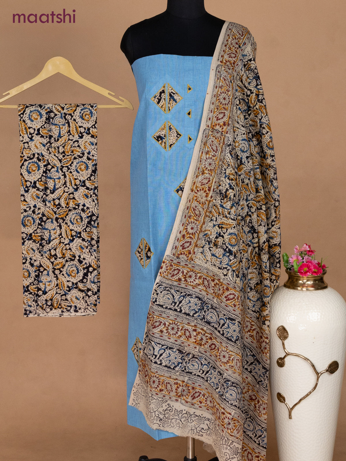 Cotton applique work dress materials light blue and black beige with kalamkari patch work and kalamkari bottom & dupatta