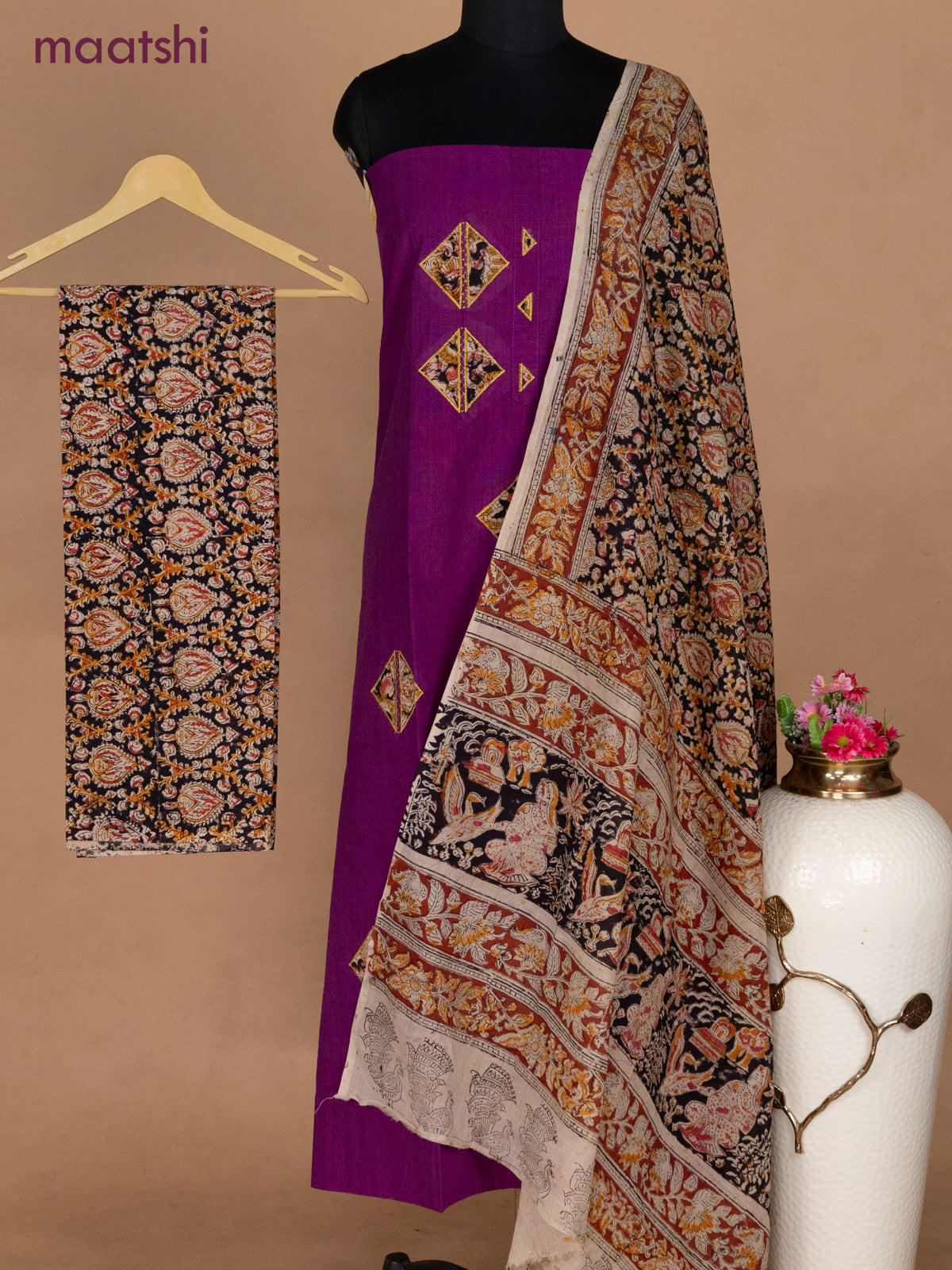 Cotton applique work dress materials purple and black with kalamkari patch work and kalamkari bottom & dupatta