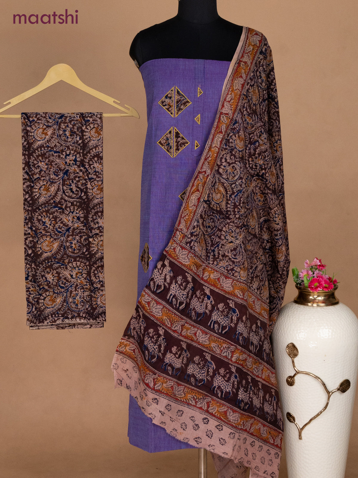 Cotton applique work dress materials dual shade of violet and deep coffee brown with kalamkari patch work and kalamkari bottom & dupatta
