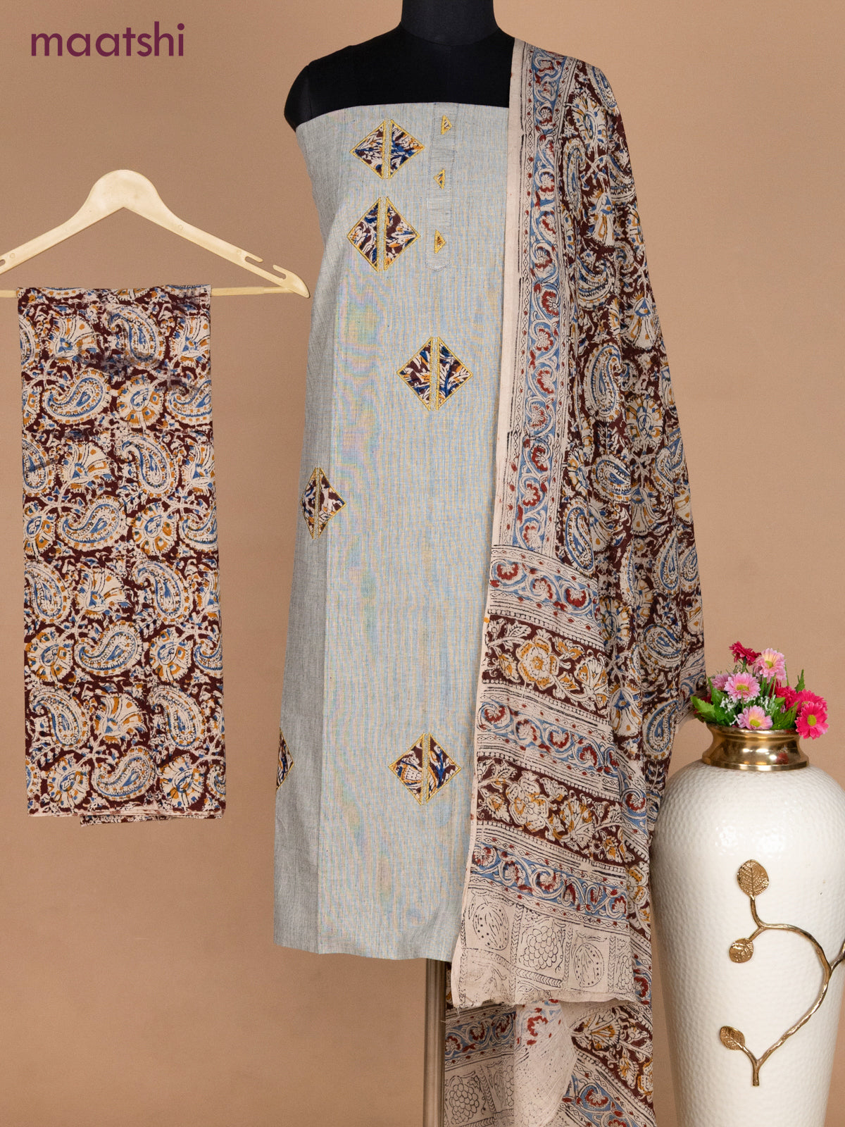 Cotton applique work dress materials elaichi green and maroon beige with kalamkari patch work and kalamkari bottom & dupatta