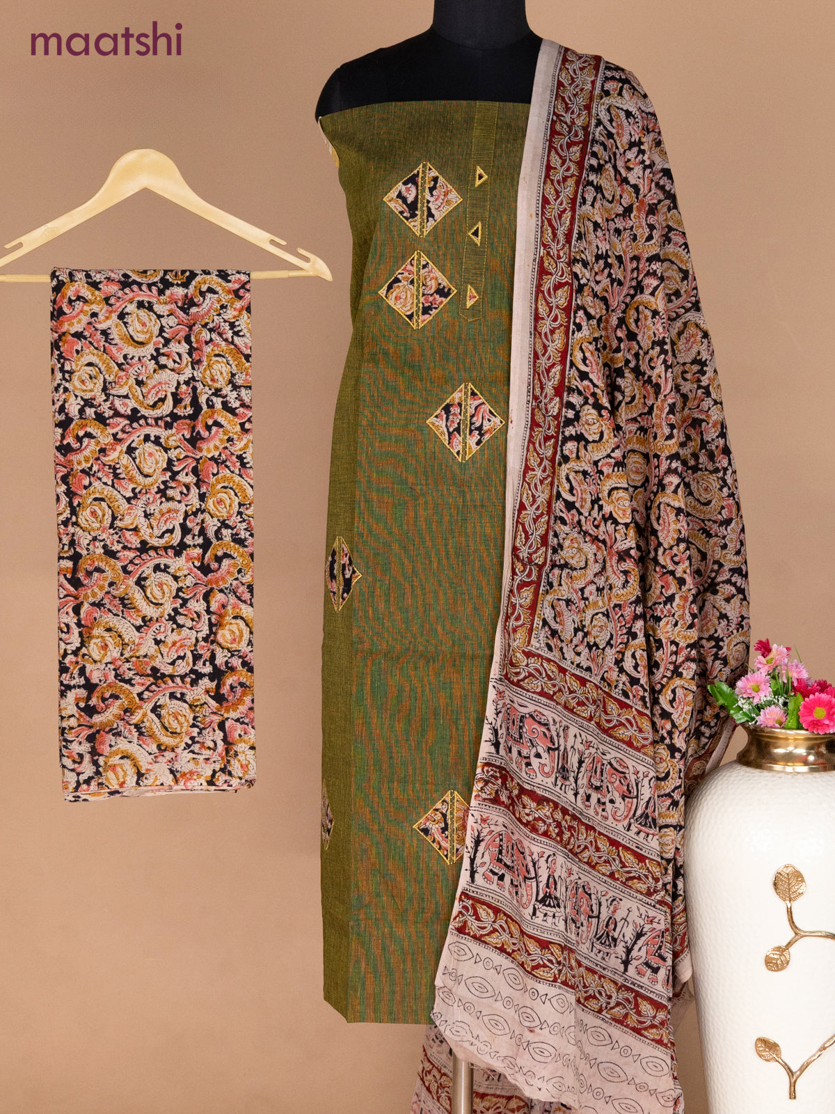 Cotton applique work dress materials megendi green and black beige with kalamkari patch work and kalamkari bottom & dupatta