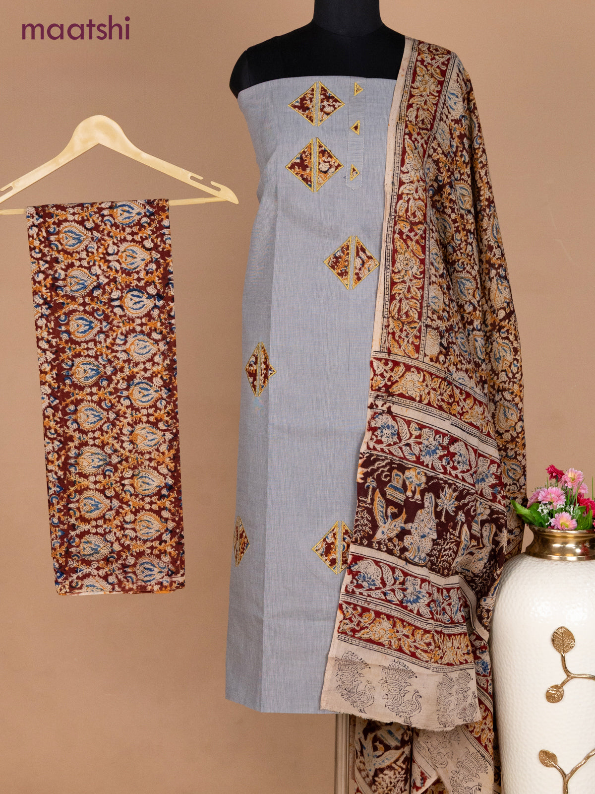Cotton applique work dress materials grey shade and maroon with kalamkari patch work and kalamkari bottom & dupatta
