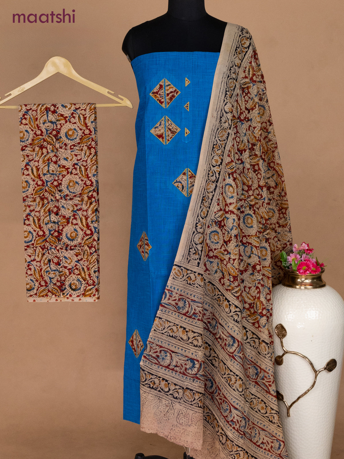 Cotton applique work dress materials cs blue and maroon beige with kalamkari patch work and kalamkari bottom & dupatta