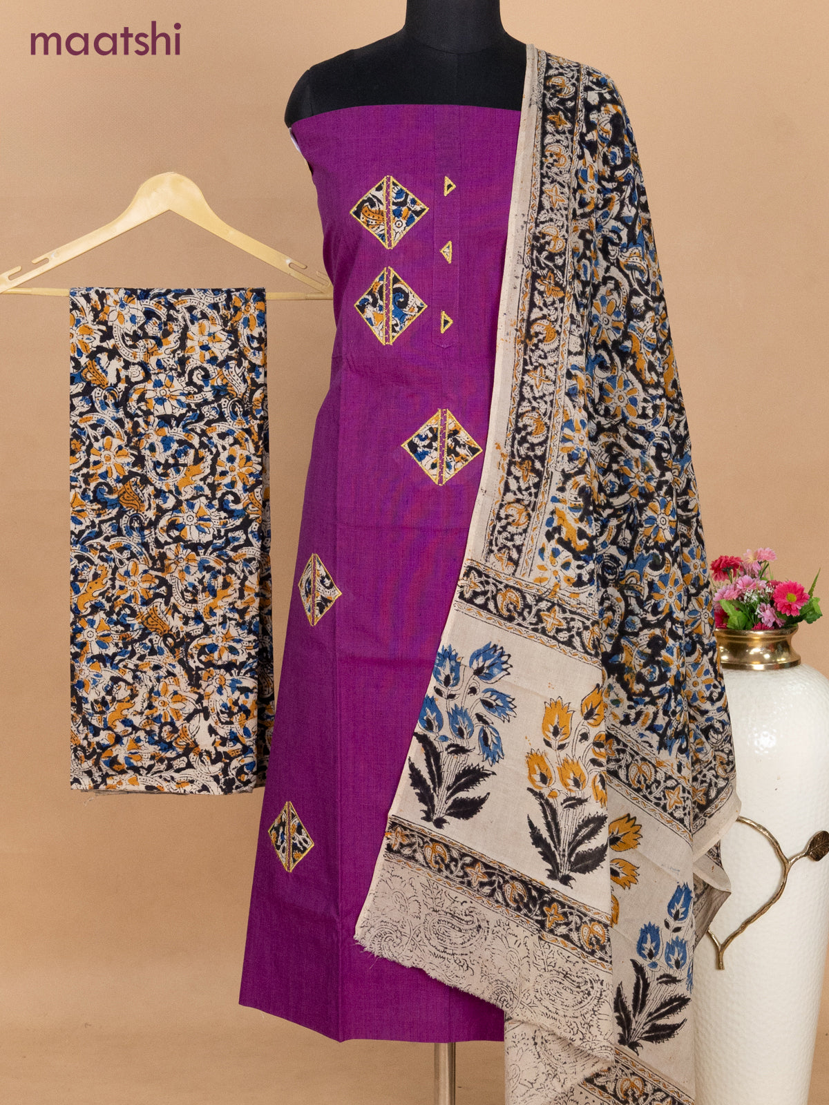 Cotton applique work dress materials purple and black beige with kalamkari patch work and kalamkari bottom & dupatta