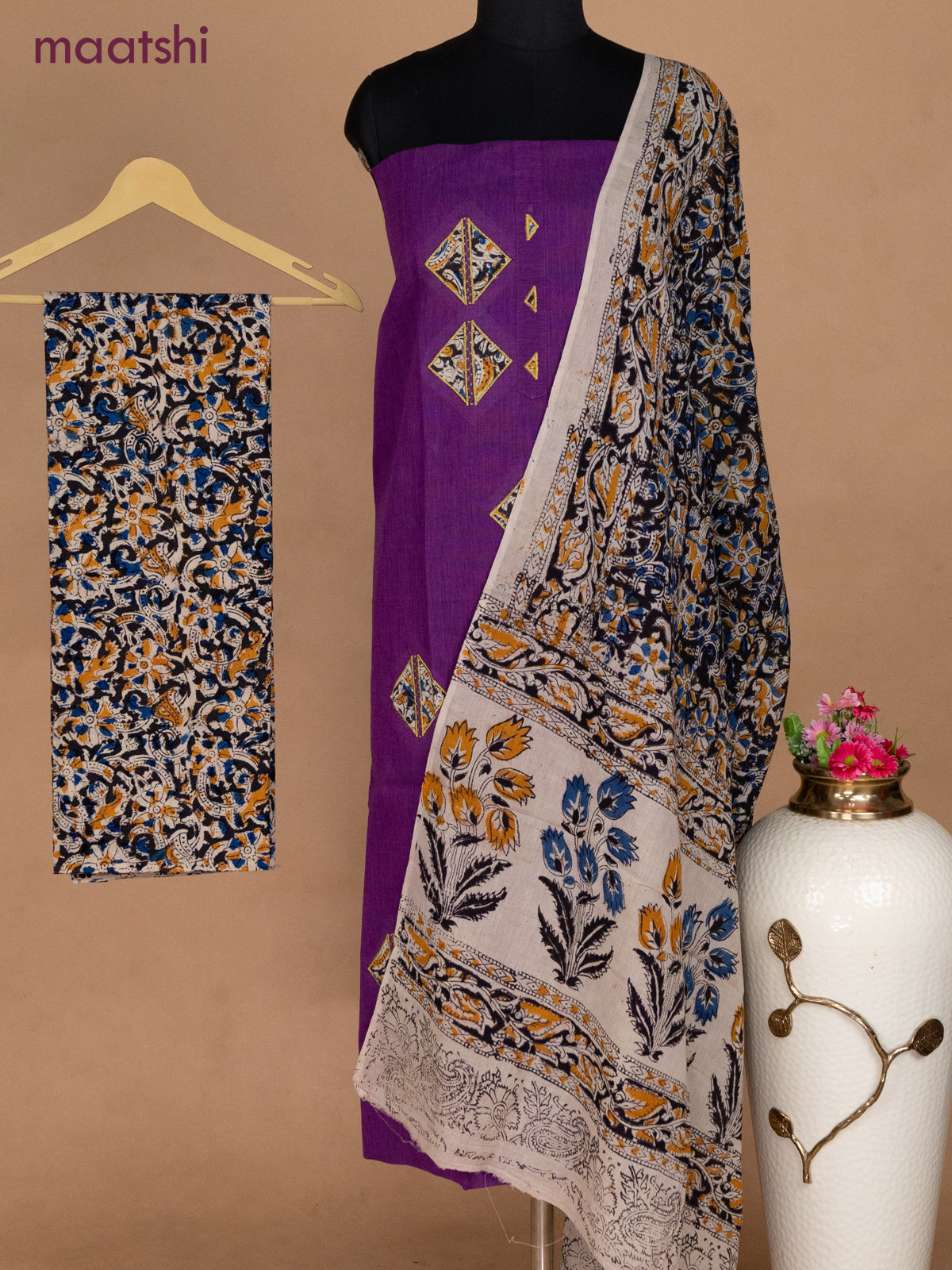Cotton applique work dress materials purple and black beige with kalamkari patch work and kalamkari bottom & dupatta