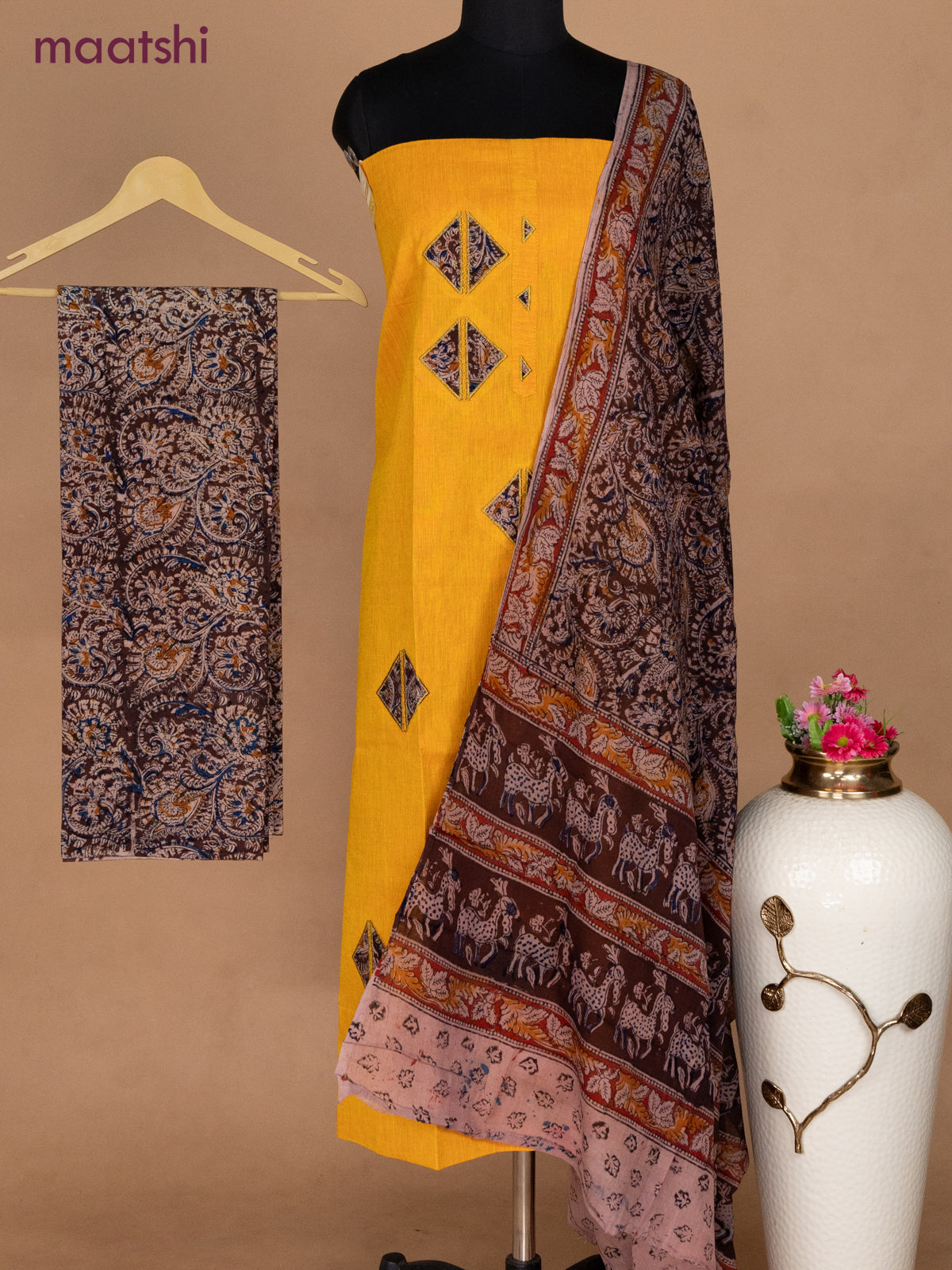 Cotton applique work dress materials mango yellow and coffee brown with kalamkari patch work and kalamkari bottom & dupatta
