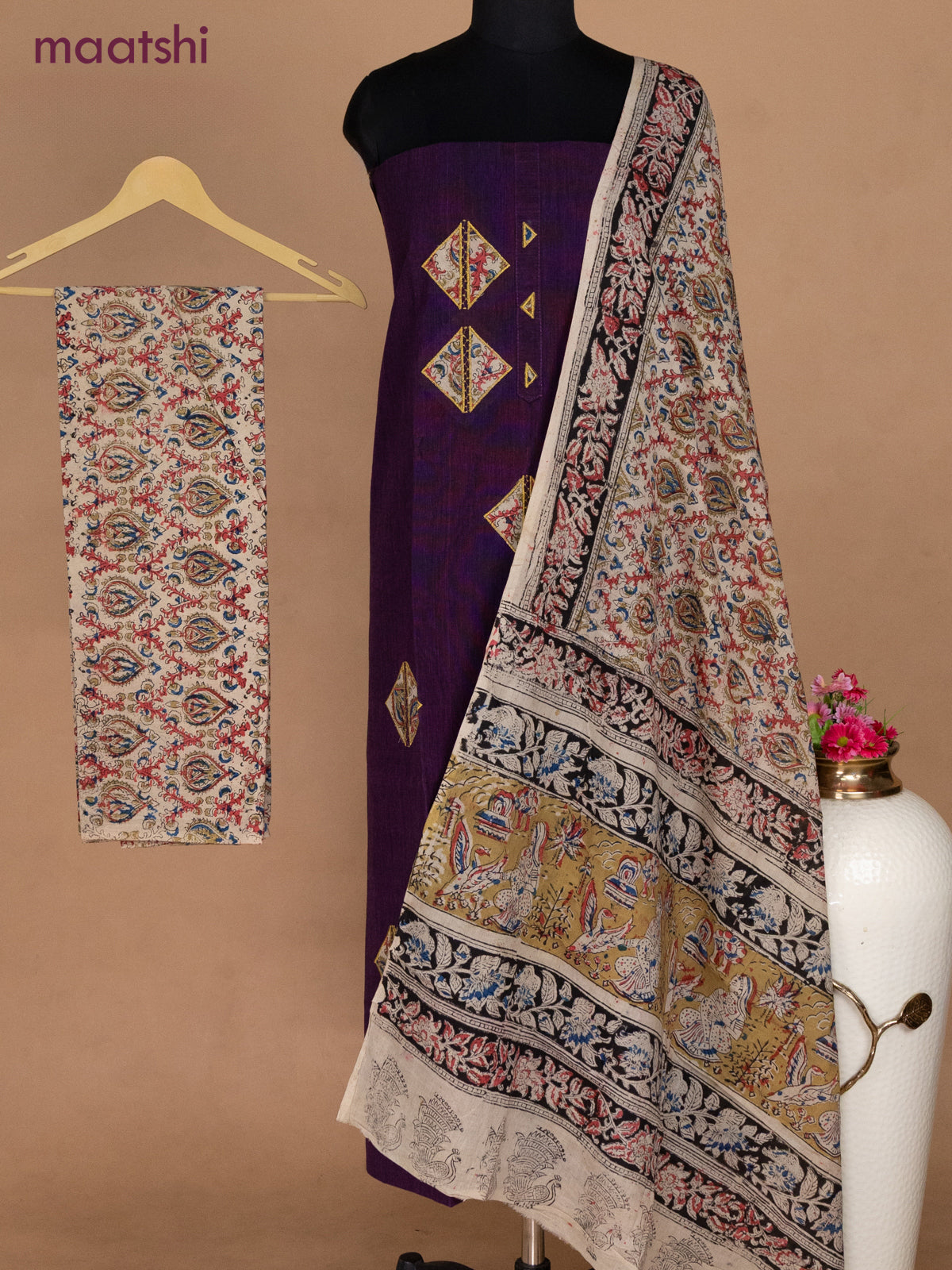 Cotton applique work dress materials violet and beige with kalamkari patch work and kalamkari bottom & dupatta