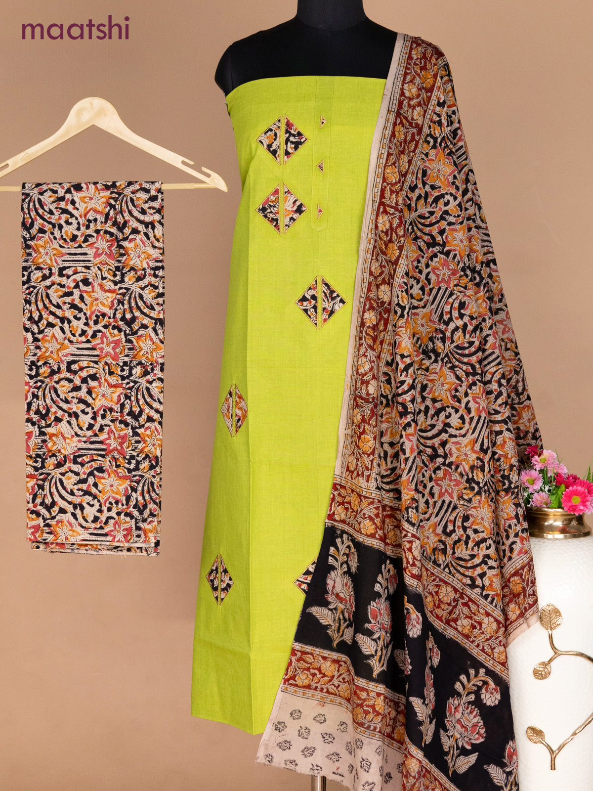 Cotton applique work dress materials light green and beige black with kalamkari patch work and kalamkari bottom & dupatta