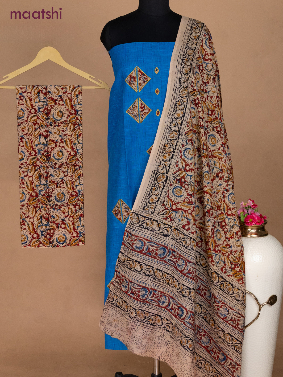 Cotton applique work dress materials cs blue and maroon with kalamkari patch work and kalamkari bottom & dupatta