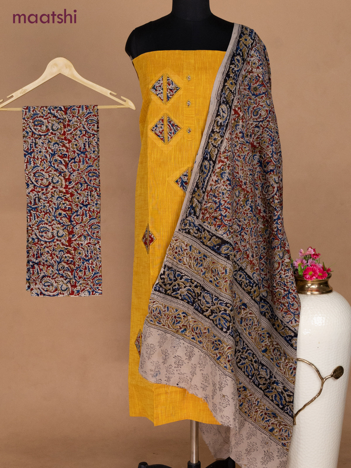 Cotton applique work dress materials mango yellow and maroon with kalamkari patch work and kalamkari bottom & dupatta