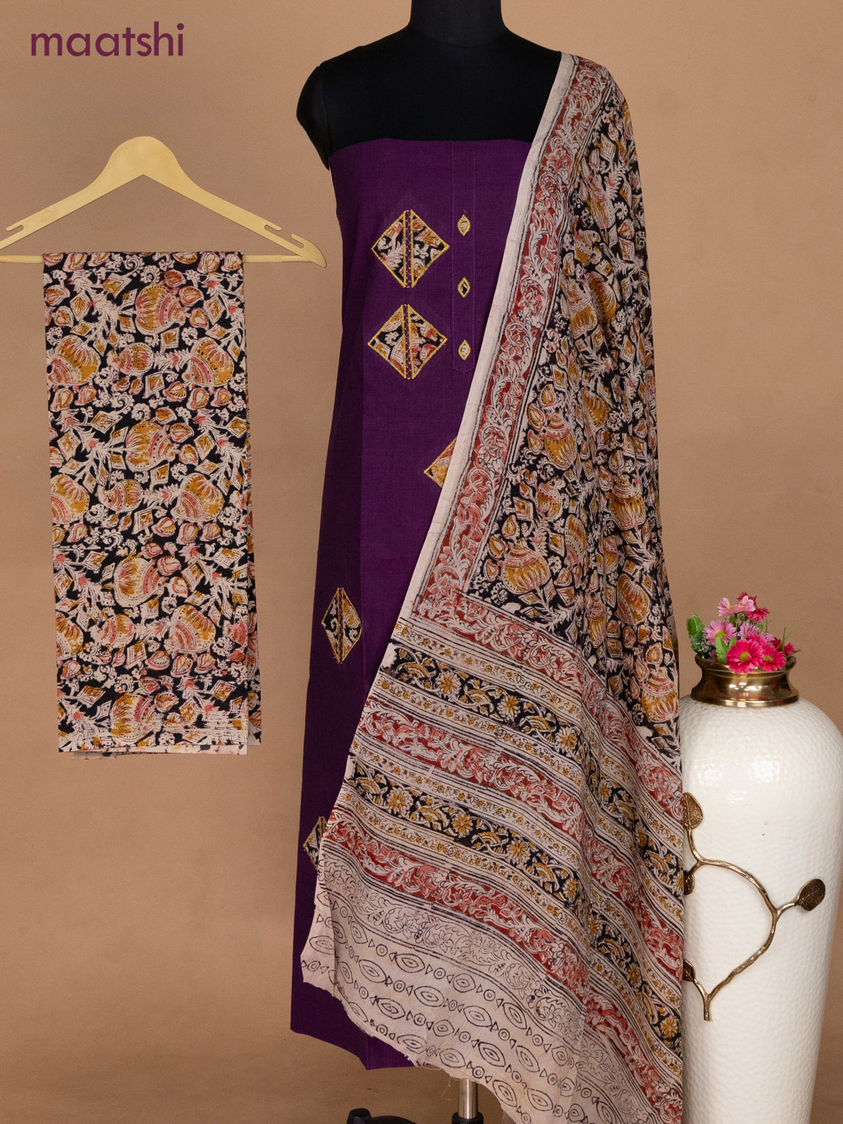 Cotton applique work dress materials deep purple and black beige with kalamkari patch work and kalamkari bottom & dupatta