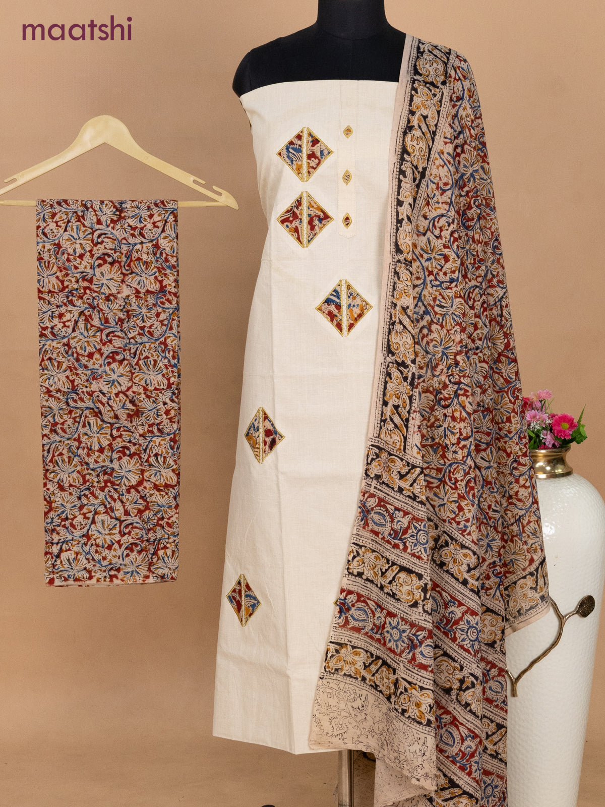 Cotton applique work dress materials cream and red beige with kalamkari patch work and kalamkari bottom & dupatta