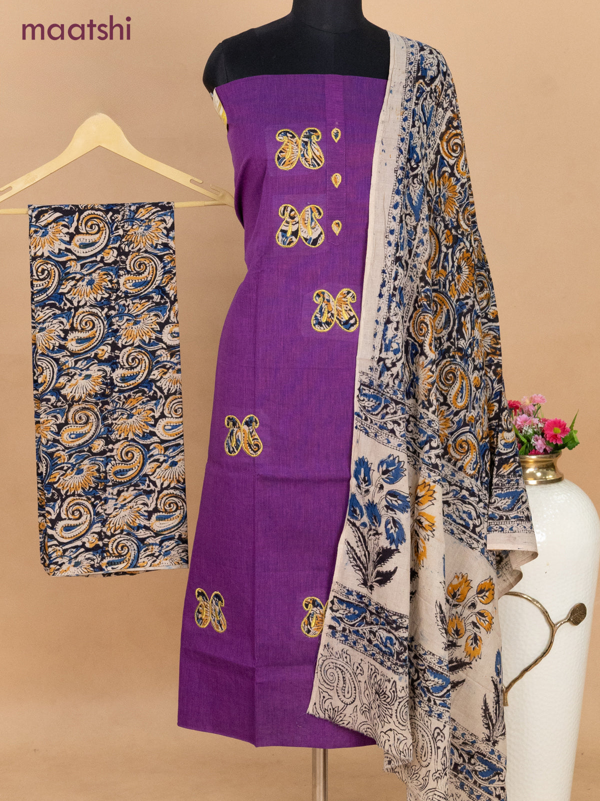 Cotton applique work dress materials purple and black with kalamkari patch work and kalamkari bottom & dupatta
