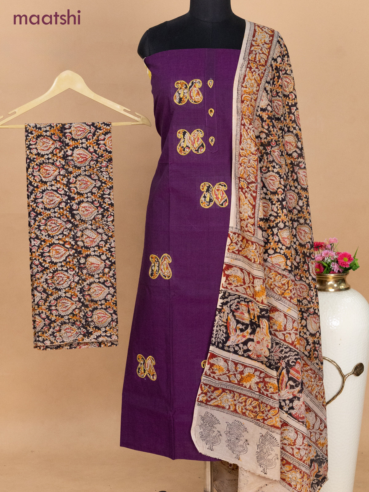 Cotton applique work dress materials violet and black with kalamkari patch work and kalamkari bottom & dupatta