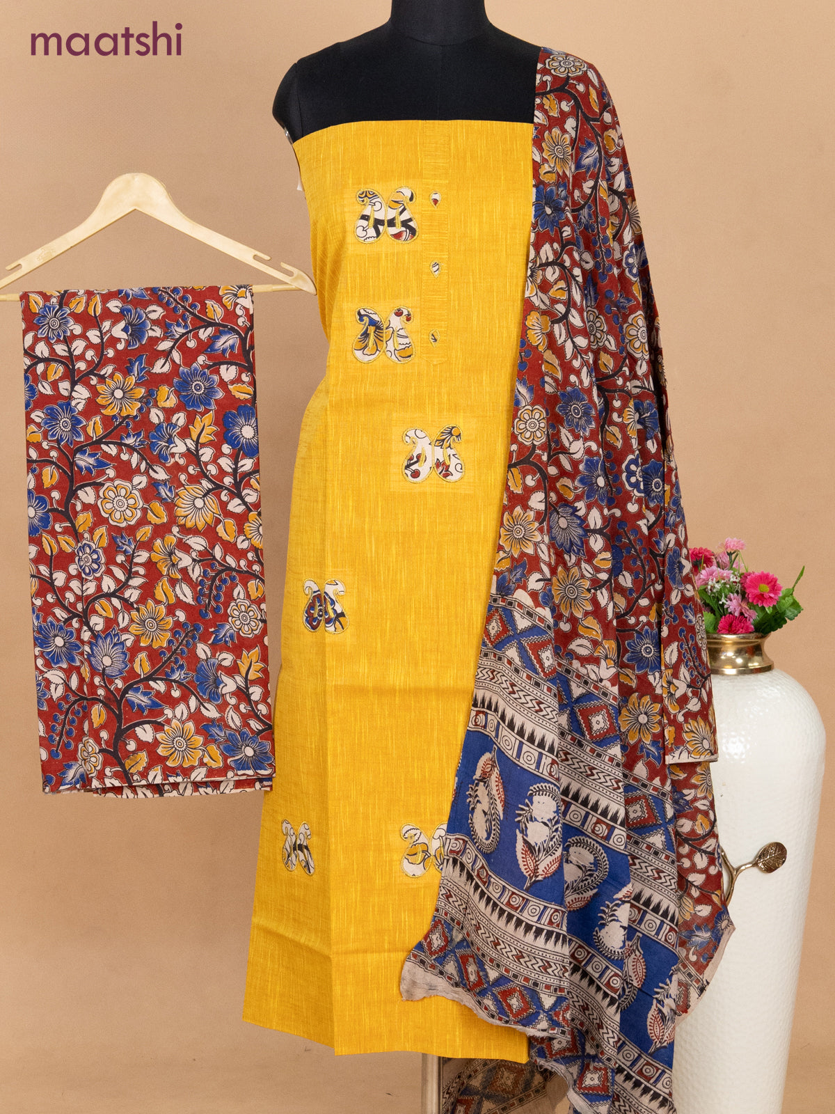 Cotton applique work dress materials mango yellow and red with kalamkari patch work and kalamkari bottom & dupatta