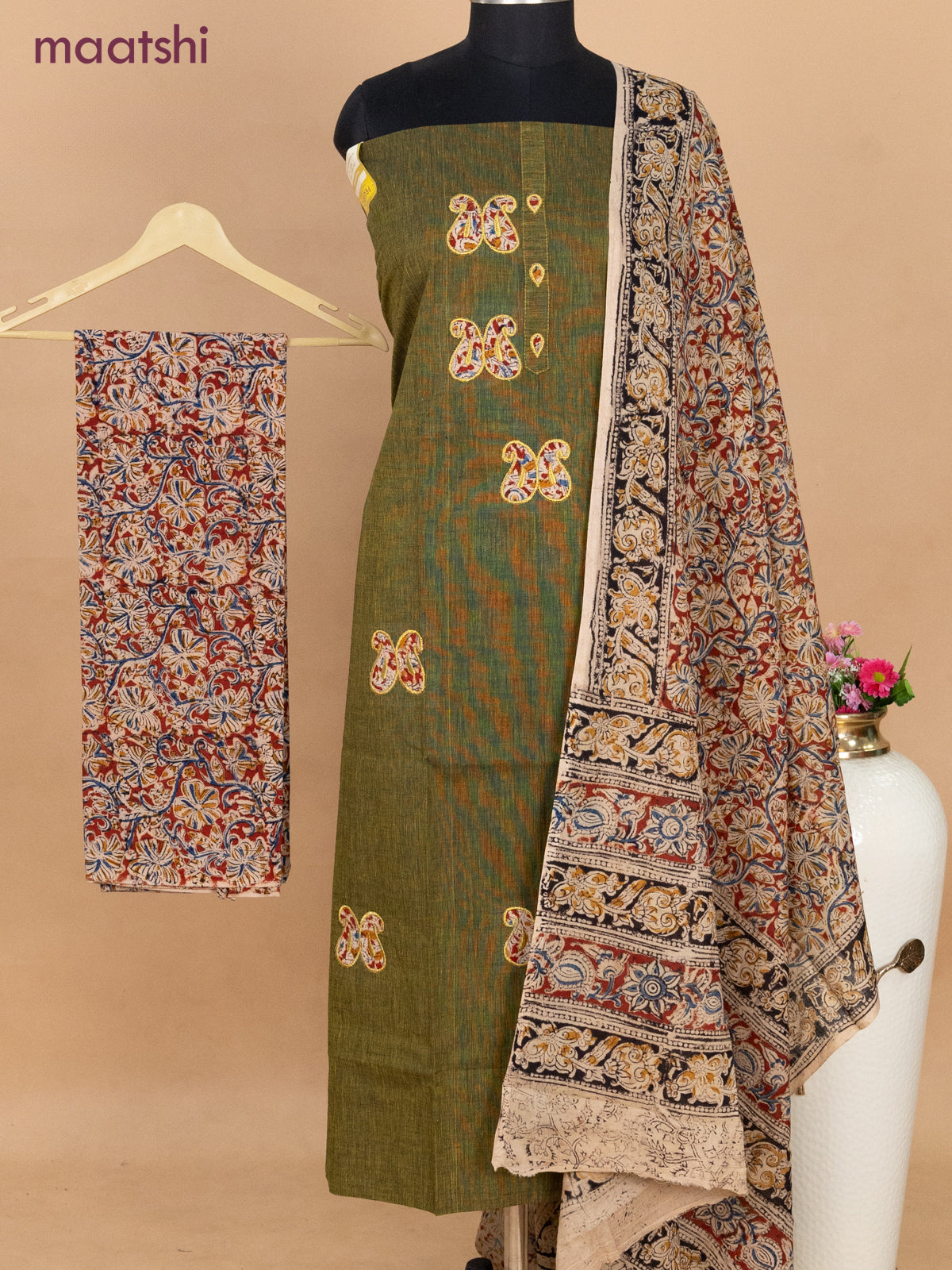 Cotton applique work dress materials mehendi green and beige maroon with kalamkari patch work and kalamkari bottom & dupatta