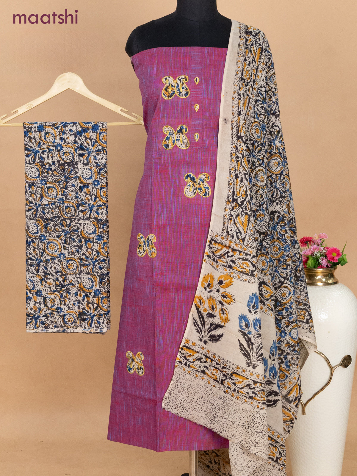 Cotton applique work dress materials dual sahde of maroon and beige black with kalamkari patch work and kalamkari bottom & dupatta