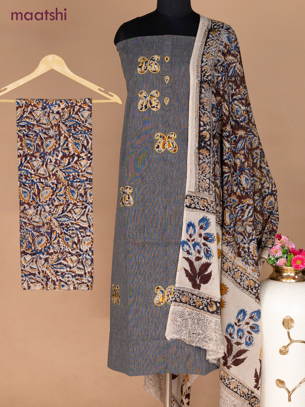 Cotton applique work dress materials dark grey and coffee brown beige with kalamkari patch work and kalamkari bottom & dupatta