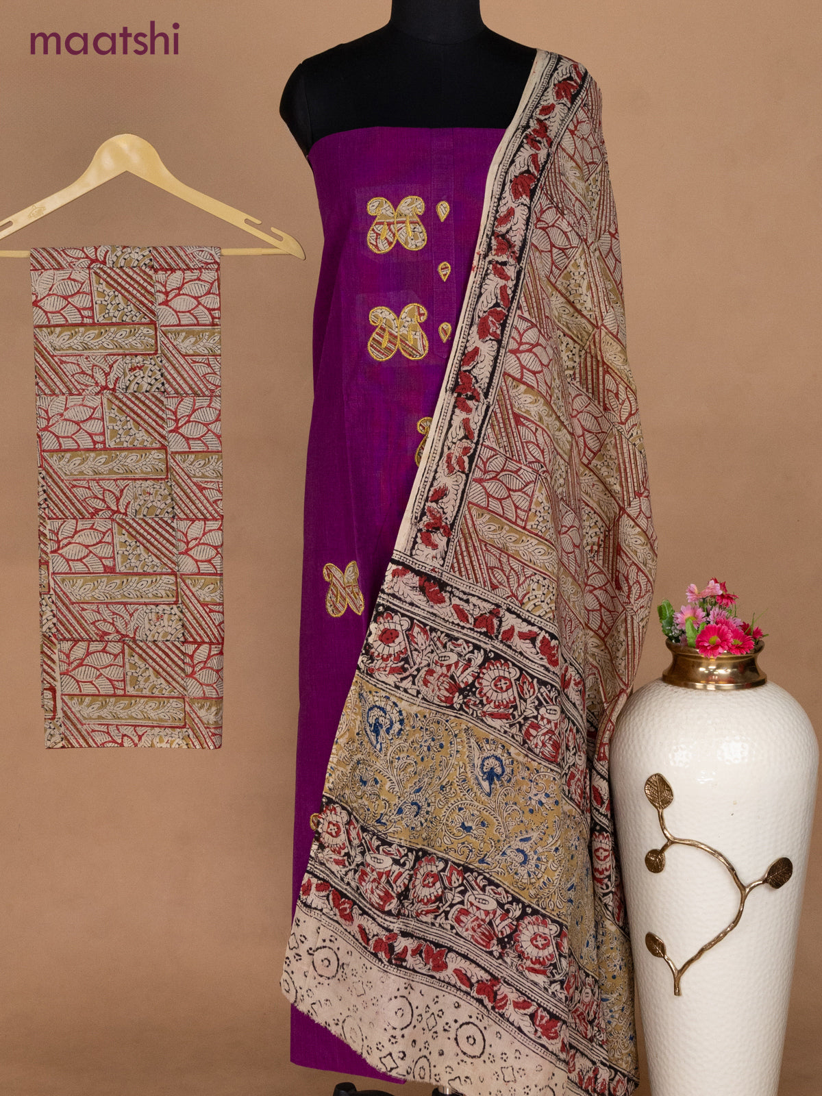 Cotton applique work dress materials purple and beige with kalamkari patch work and kalamkari bottom & dupatta