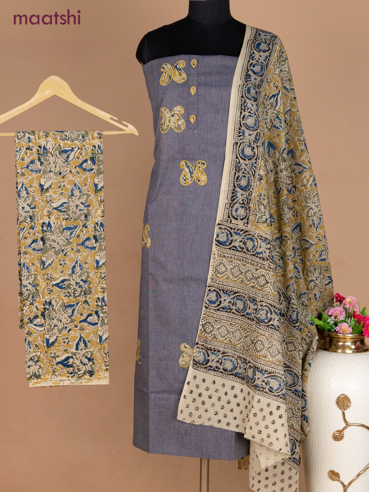Cotton applique work dress materials grey shade and sandal beige with kalamkari patch work and kalamkari bottom & dupatta