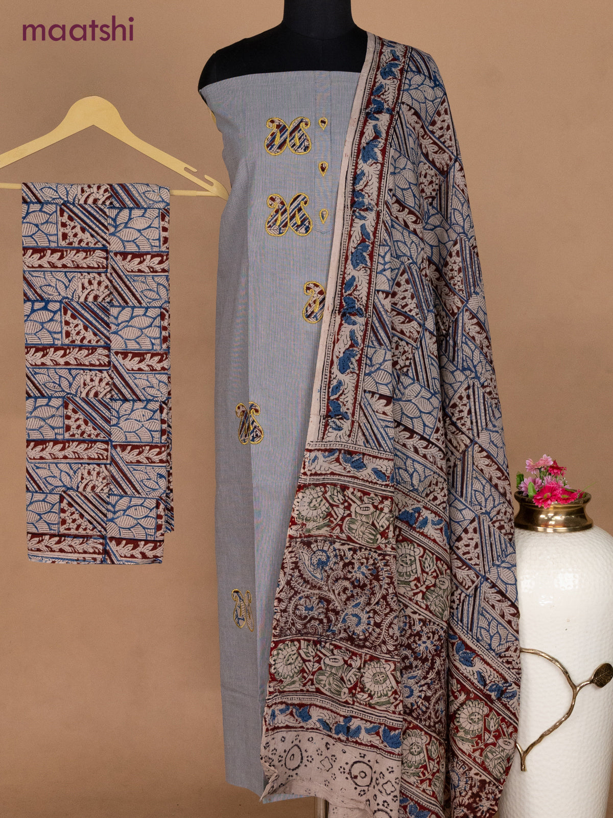 Cotton applique work dress materials grey shade and beige with kalamkari patch work and kalamkari bottom & dupatta
