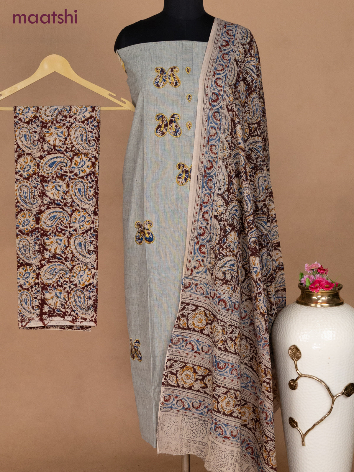 Cotton applique work dress materials elaichi green shade and deep maroon with kalamkari patch work and kalamkari bottom & dupatta