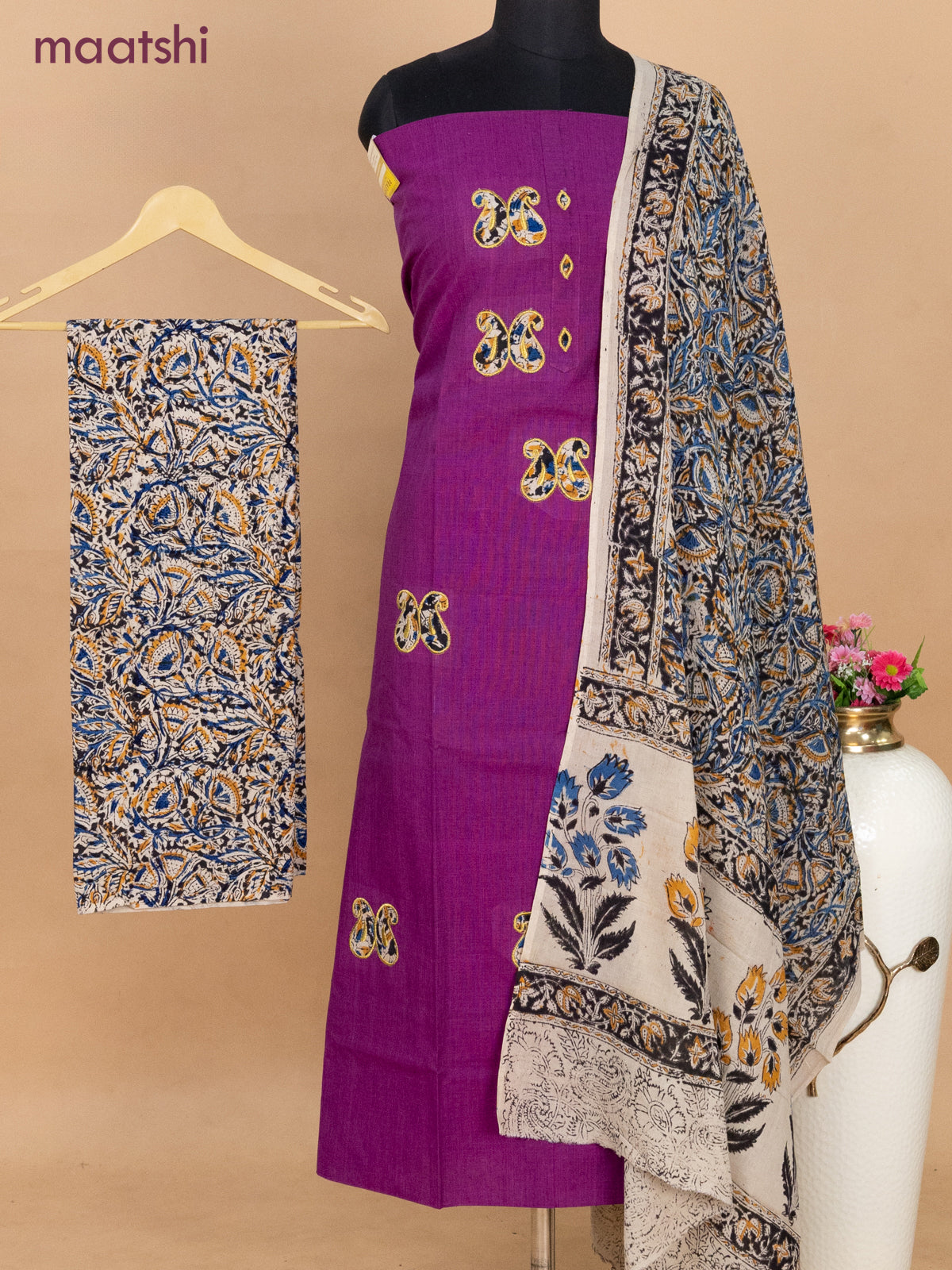 Cotton applique work dress materials purple and beige balck with kalamkari patch work and kalamkari bottom & dupatta