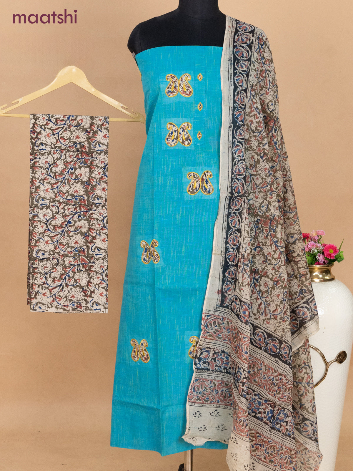 Cotton applique work dress materials teal bluish green and mehendi green with kalamkari patch work and kalamkari bottom & dupatta