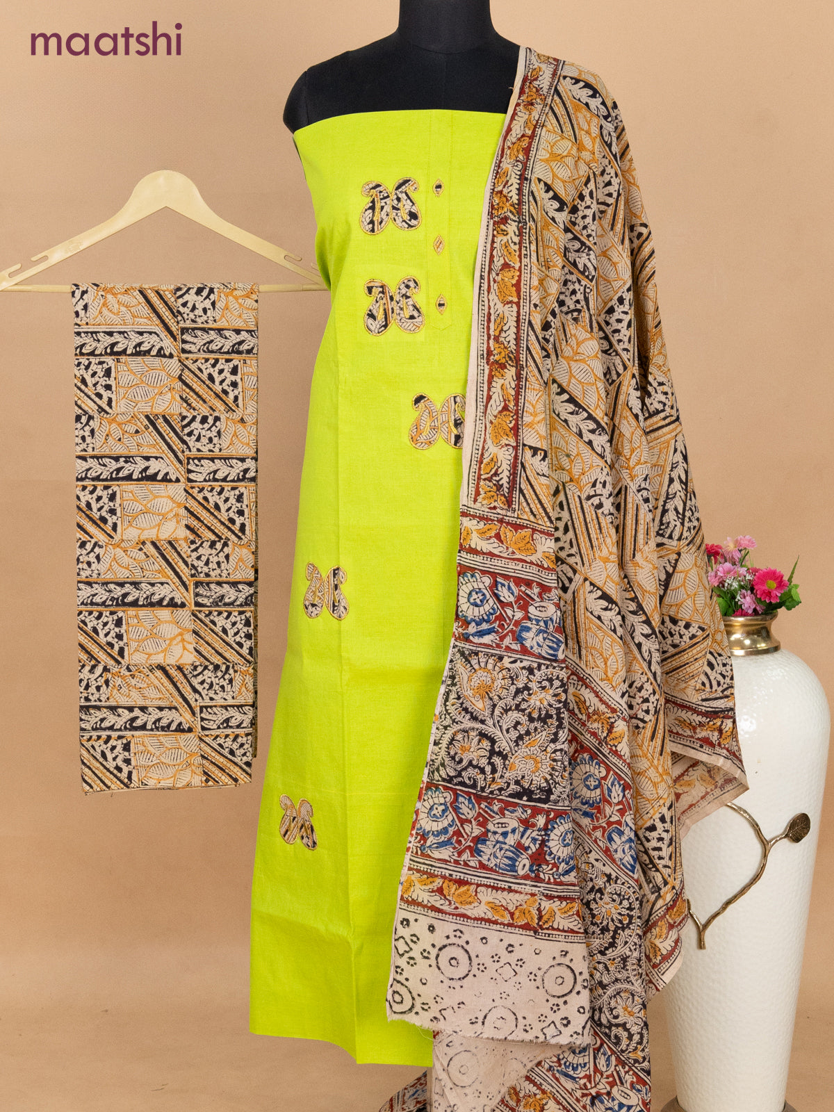 Cotton applique work dress materials fluorescent green and beige balck with kalamkari patch work and kalamkari bottom & dupatta